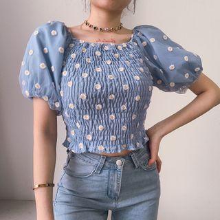 Off-shoulder Floral Embroidered Blouse Blue - One Size