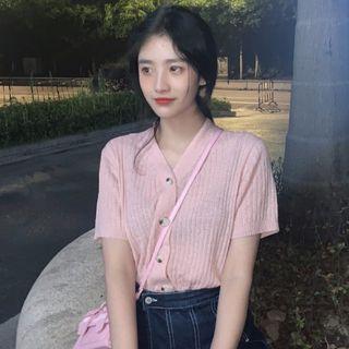 Short-sleeve Rib Knit Cardigan Pink - One Size