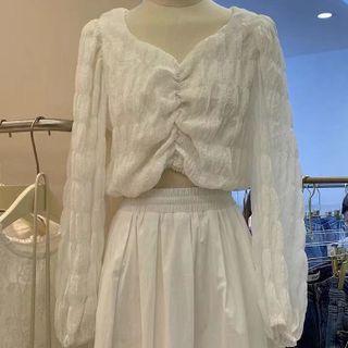 Long-sleeve V-neck Asymmetric Ruched T-shirt