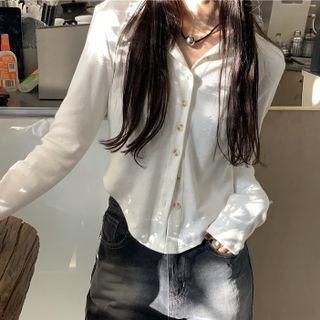 Lapel Button-up Long-sleeve Cropped Shirt White - One Size