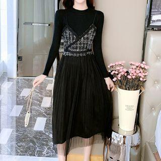 Set: Long-sleeve Top + Spaghetti Strap Mesh Panel Dress