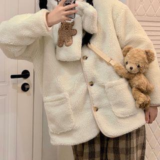 Set: Bear Fleece Scarf + Button Jacket Milky White - One Size