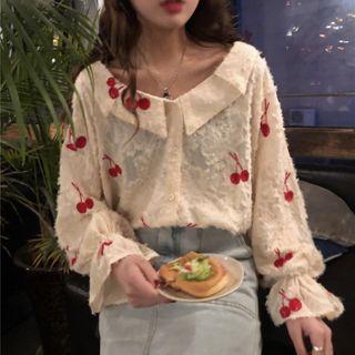 Bell-sleeve Cherry Embroidered Blouse As Shown In Figure - One Size