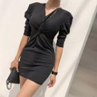 Puff-sleeve Knotted Mini Bodycon Dress