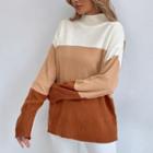 Mock-neck Color Panel Striped Long-sleeve Knit Sweater
