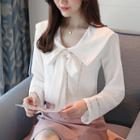 Long-sleeved Chiffon Panel Lace Bow Blouse