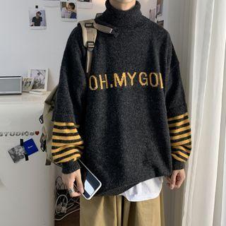 Mock Neck Lettering Striped Sweater