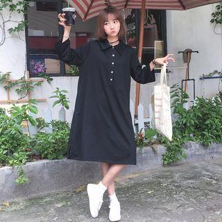 Plain Half Placket Collared 3/4 Sleeve Dress