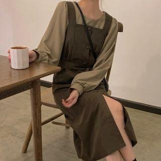 Set : Round-neck Long-sleeve Top + Overalls Midi Dress