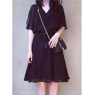 Plain Chiffon Elbow Sleeve Dress
