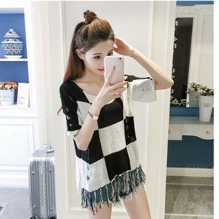 Ripped Check Short-sleeve Knit Top