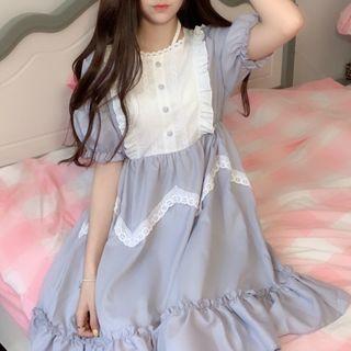 Color Block Lace Trim Short-sleeve A-line Dress