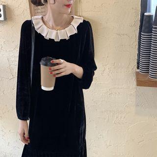 Puff-sleeve Ruffle Trim Velvet Dress Black - One Size
