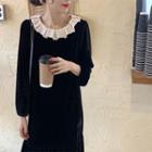 Puff-sleeve Ruffle Trim Velvet Dress Black - One Size