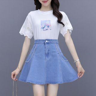 Set: Short-sleeve Floral Print T-shirt + A-line Denim Skirt