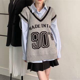 Contrast Trim Lettering Sweater Vest