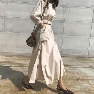 Buttoned Blouse & Maxi Skirt Matching Set Beige - One Size