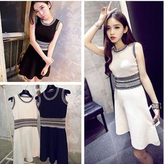 Gathered-waist Sleeveless Crewneck A-line Panel Dress