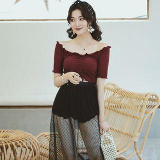 Set: Short-sleeve Swim Top + Swim Bottom + Mesh Skirt