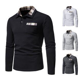 Long-sleeve Collar Plaid Panel T-shirt