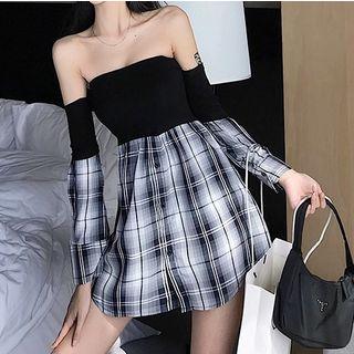 Plaid Panel Strapless Off-shoulder A-line Mini Dress