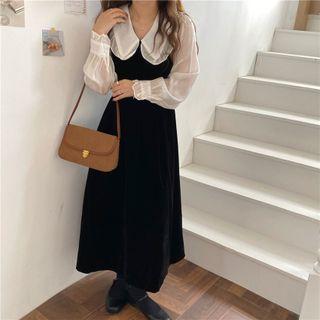 Long-sleeve Ruffle Trim Velvet Panel Dress