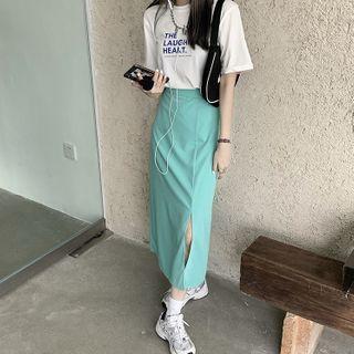 Lettering T-shirt / Side Slit Midi Skirt