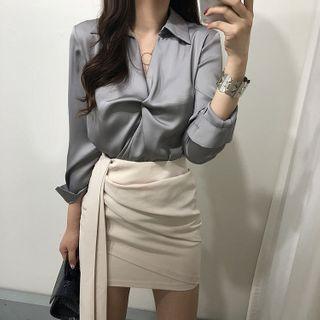 Long-sleeve Twisted Plain Satin Shirt