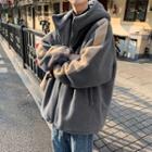 Color Block Fruit Embroidered Zipped Hooded Shearling Coat