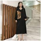 Leopard Panel Long-sleeve Midi A-line Dress Black - One Size