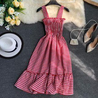 Wide Strap Plaid Smocked A-line Dress