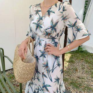 Puff-sleeve Leaf Print A-line Dress