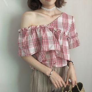 One Shoulder Elbow Sleeve Plaid Top