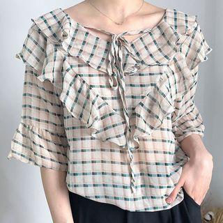Plaid Short-sleeve Chiffon Blouse