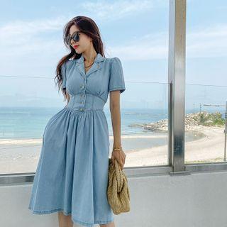 Smocked-waist Denim Shirtdress