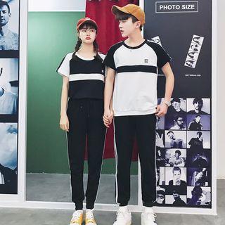 Couple Set: Striped Short-sleeve T-shirt + Sweatpants