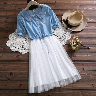 Mesh Panel Peter-pan-collar Short-sleeve A-line Dress
