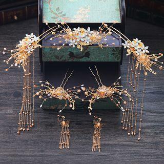 Wedding Set: Faux Crystal Flower Tiara + Fringed Hair Stick + Fringed Earring Set Of 1 - 1 Pair - Clip On Earring - As Shown In Figure - One Size
