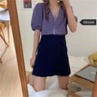 Puff-sleeve V-neck Contrast Trim Blouse