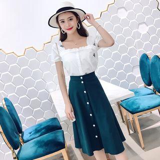 Set: Embroidered Short-sleeve Blouse + A-line Midi Skirt