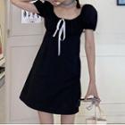 Square-neck Puff-sleeve Mini A-line Dress Black - One Size