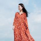Flower Print Long-sleeve Maxi A-line Dress With Waist Strap - Tangerine Red - One Size