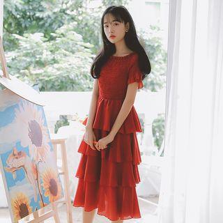 Cold Shoulder Elbow-sleeve Midi Dress