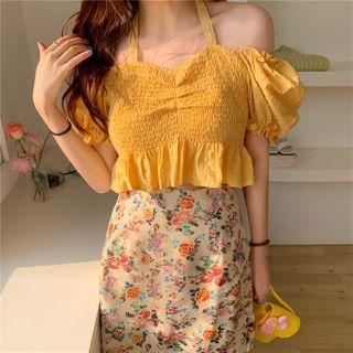 Halter-neck Cold-shoulder Smocked Cropped Blouse / Floral Mini A-line Skirt