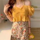 Halter-neck Cold-shoulder Smocked Cropped Blouse / Floral Mini A-line Skirt