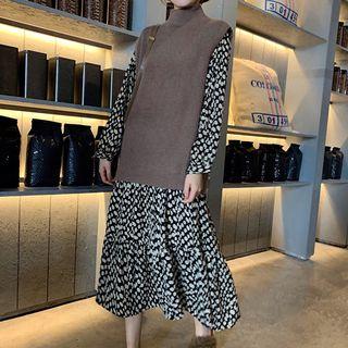 Long-sleeve Dotted Midi A-line Dress / Ribbed Vest