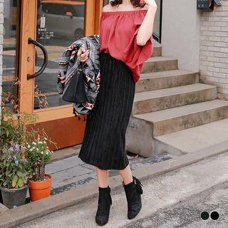 Sheeny Velvet Pleated Midi Skirt