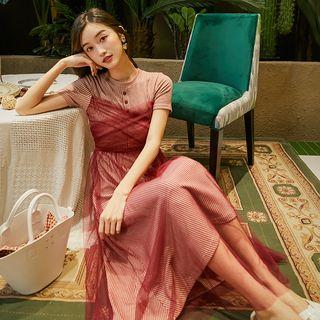 Short-sleeve Mesh Panel Striped A-line Dress
