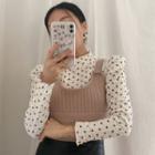 Long-sleeve Dotted Blouse / Knit Vest