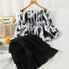 Set: Off-shoulder Print Blouse + Mini A-line Skirt Set - Black - One Size